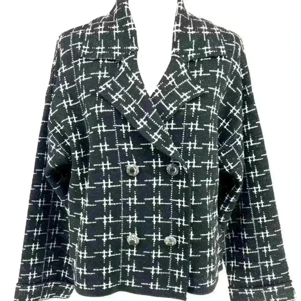 ZARA BLACK WHITE GRID PATERN DOUBLE  BREAST TWEED BLAZER SIZE LARGE